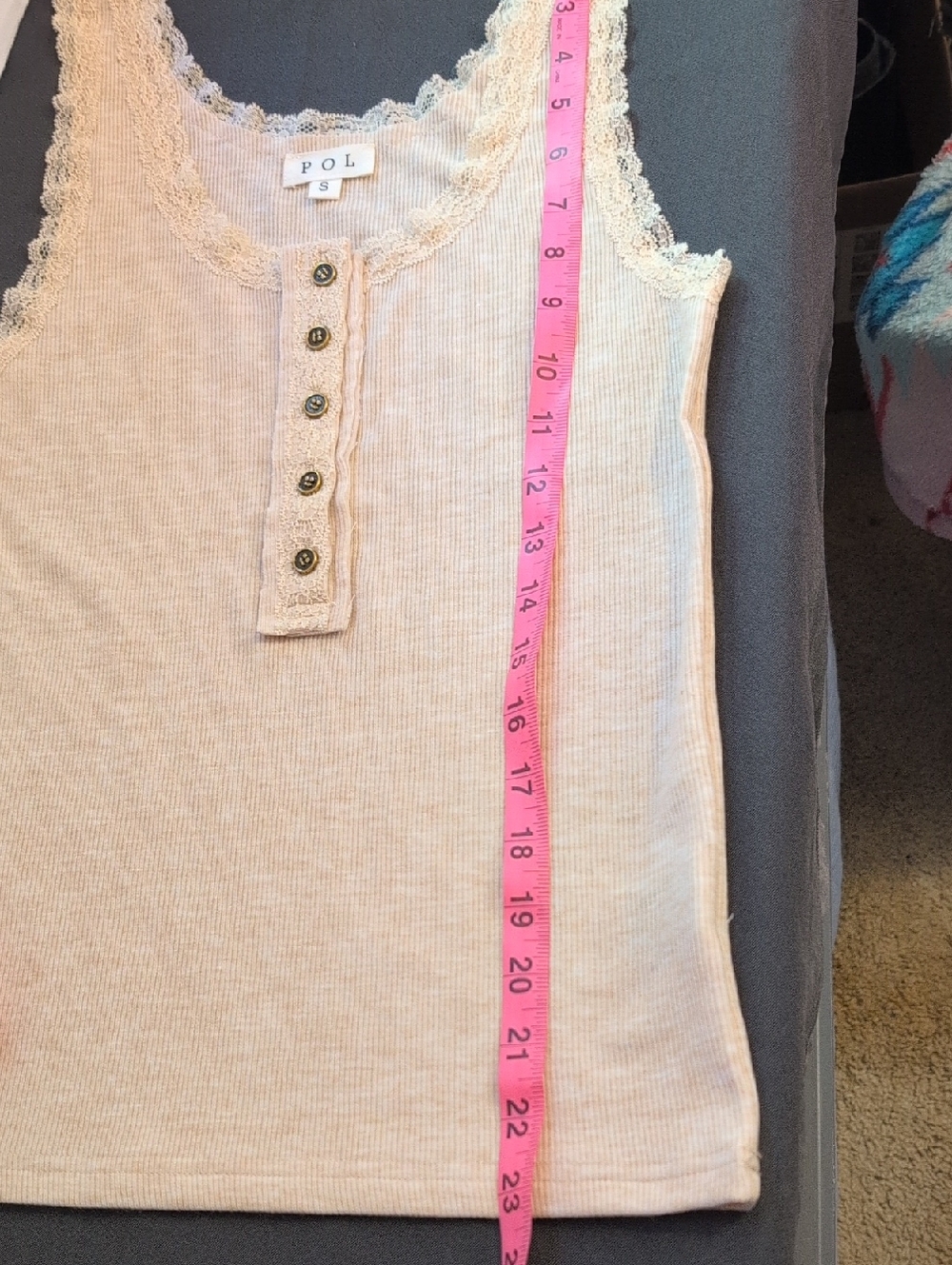 POL Lace-Trim Henley Soft Ribbed Tank Top in Latte Cream - Picture 10 of 13